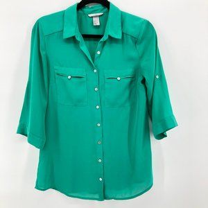 H&M Green Button Front Tunic Top Roll Tab Sleeves